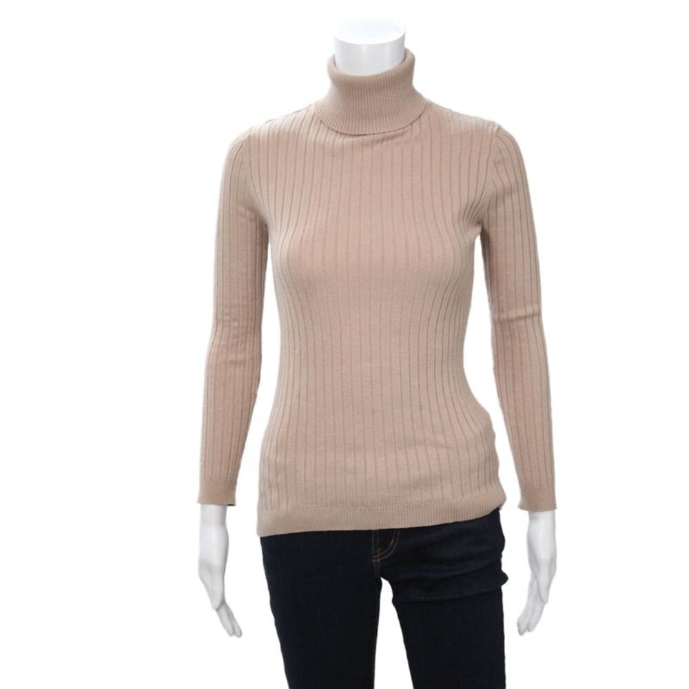 Beige Women Pullover Turtleneck Striped Long Sleeve Sweater Size S